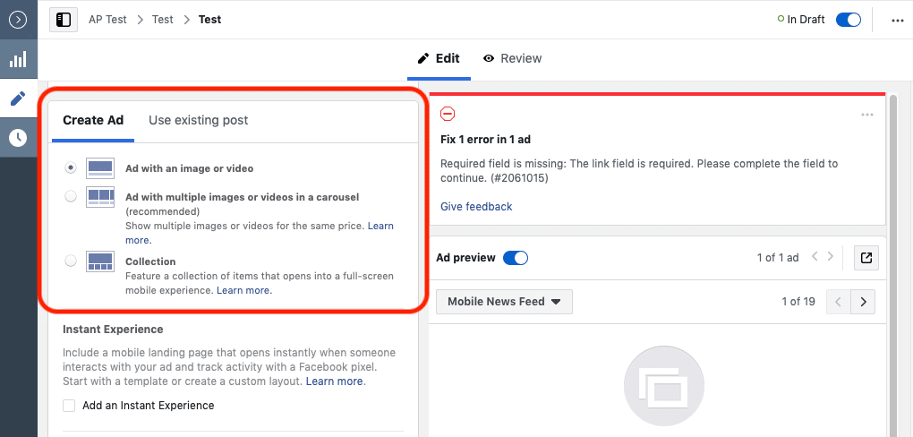 Facebook advertising mistakes ad types