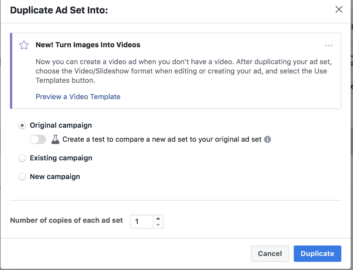 Facebook Boost button- duplicating an ad set