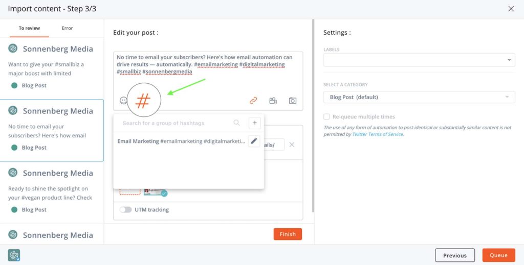 How to add hashtag groups when bulk publishing on social