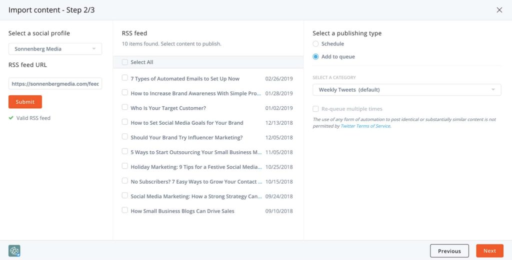 How to bulk schedule an RSS feed on social media