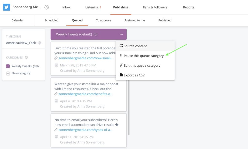 How to pause a queue category in Agorapulse