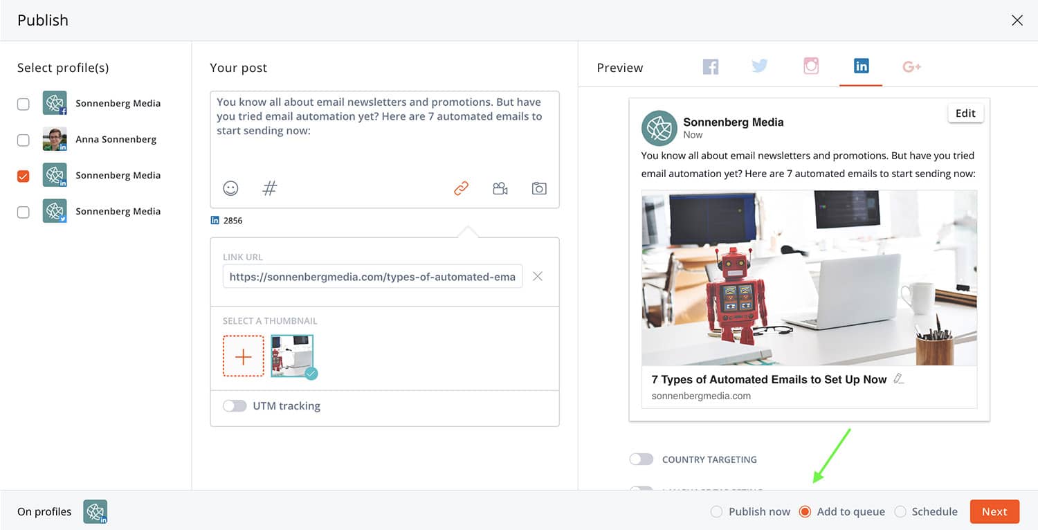 How to queue a post to LinkedIn on Agorapulse -- screenshot step 3