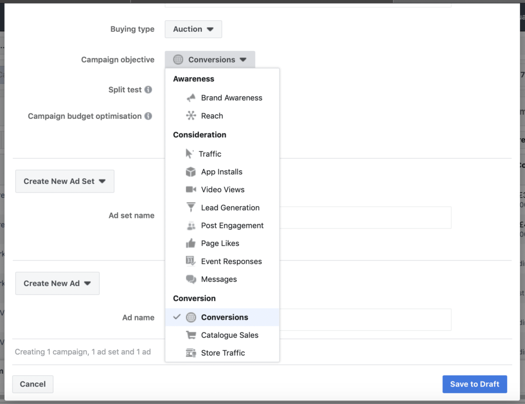 Facebook Ad Campaign Changes objective selection