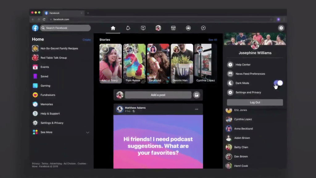 Facebook FB5 dark mode