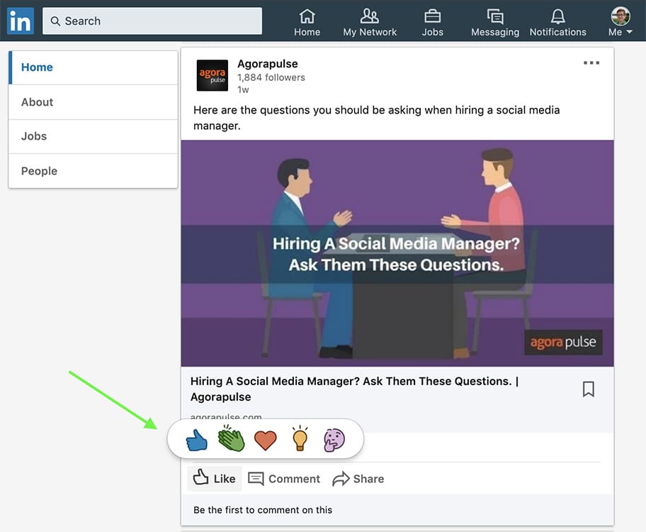 how to use LinkedIn reactions -- screenshot step 1