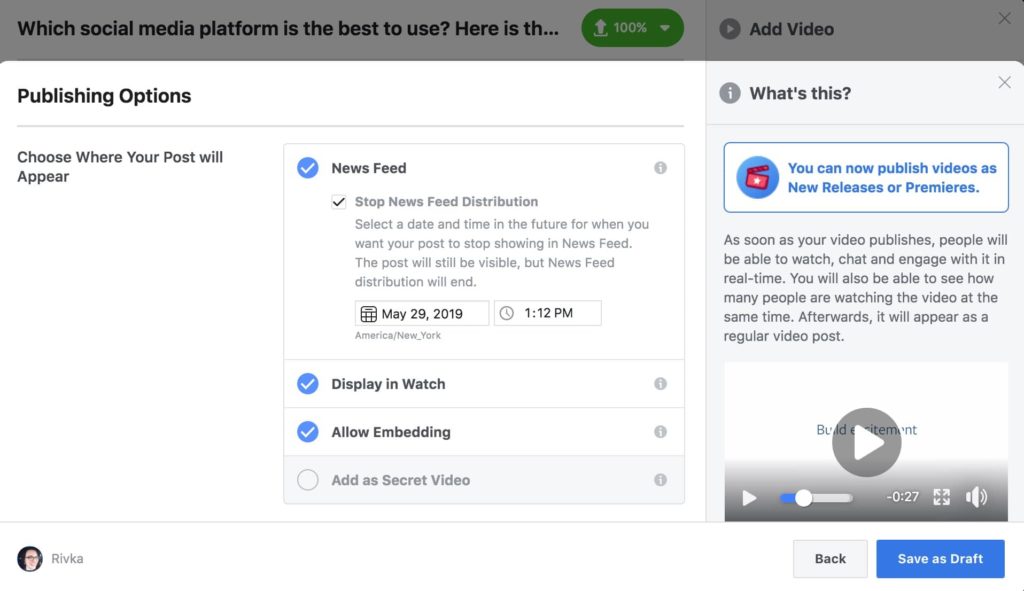 Facebook video publishing, where to post