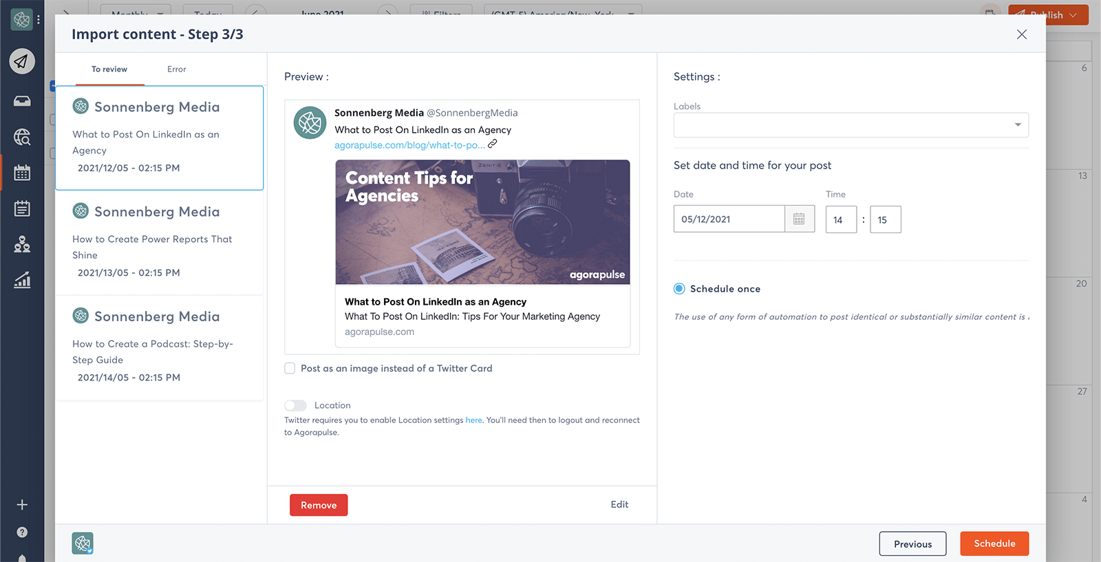 bulk publishing on social media screenshot on agorapulse