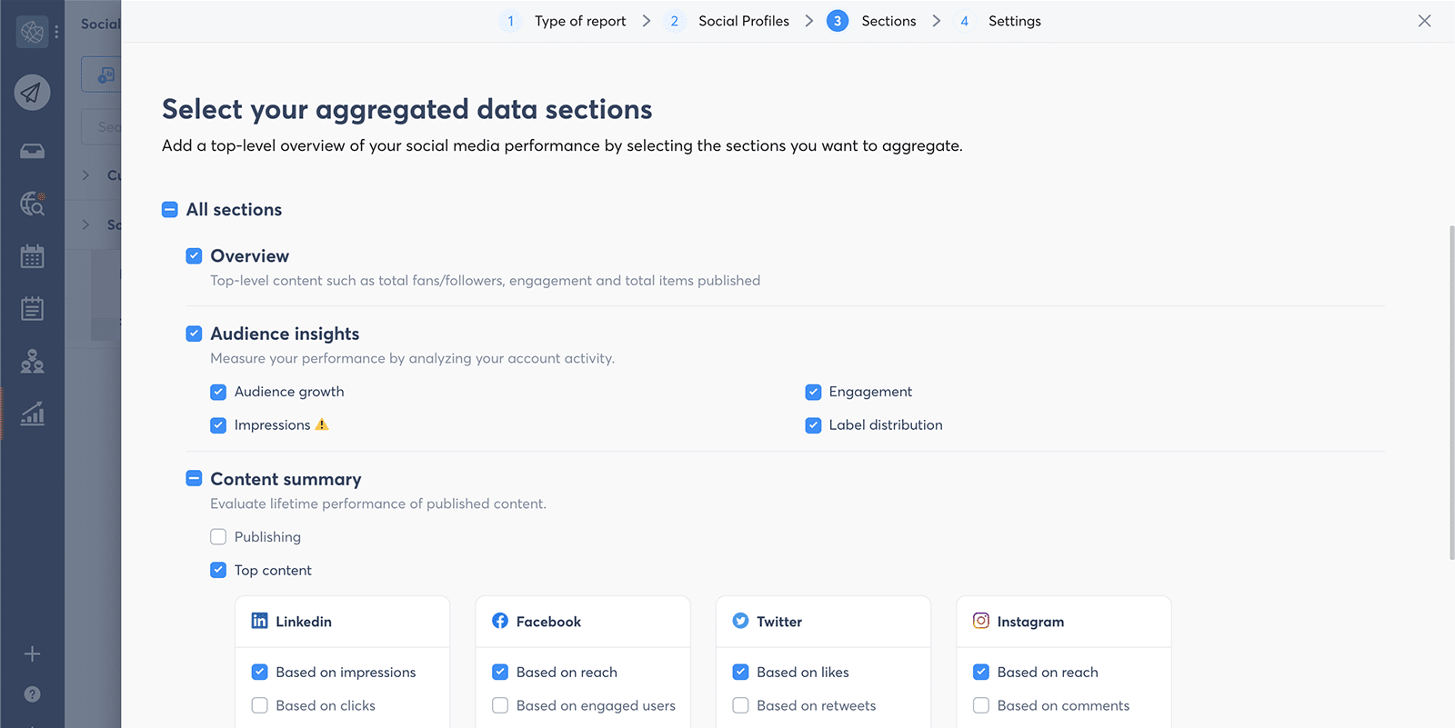 screenshot of select your aggregated data sections