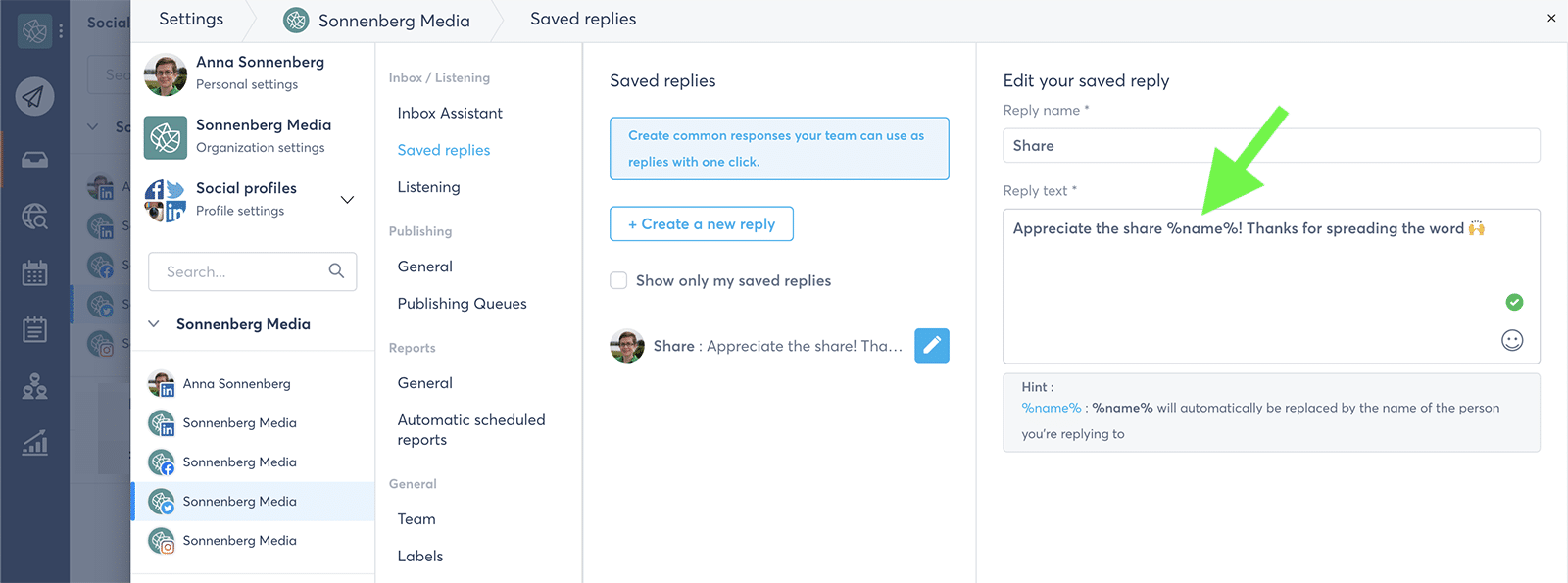 personalize saved replies