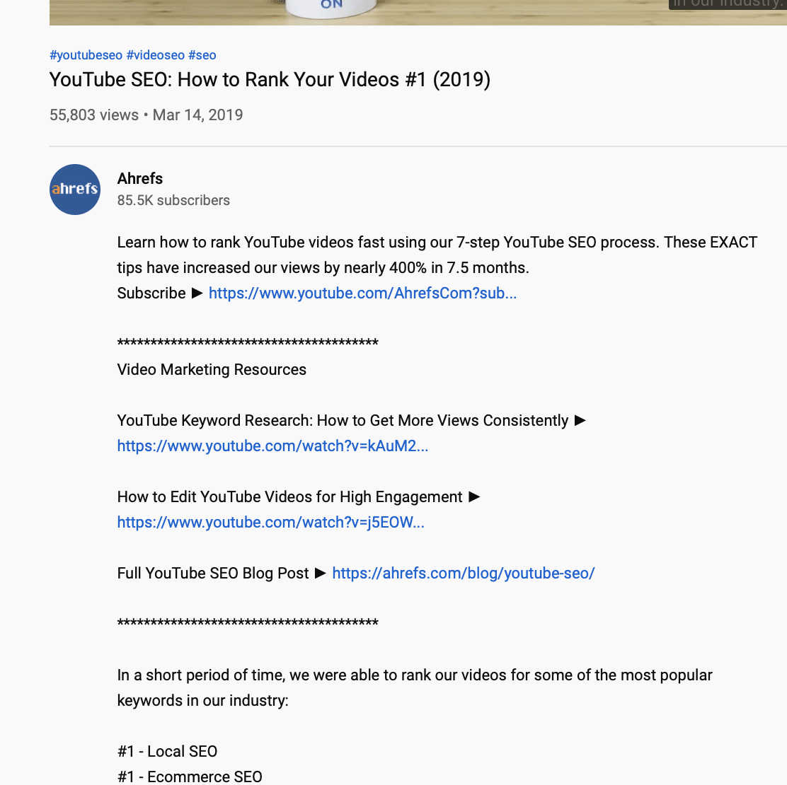 ahrefs example of youtube descriptions