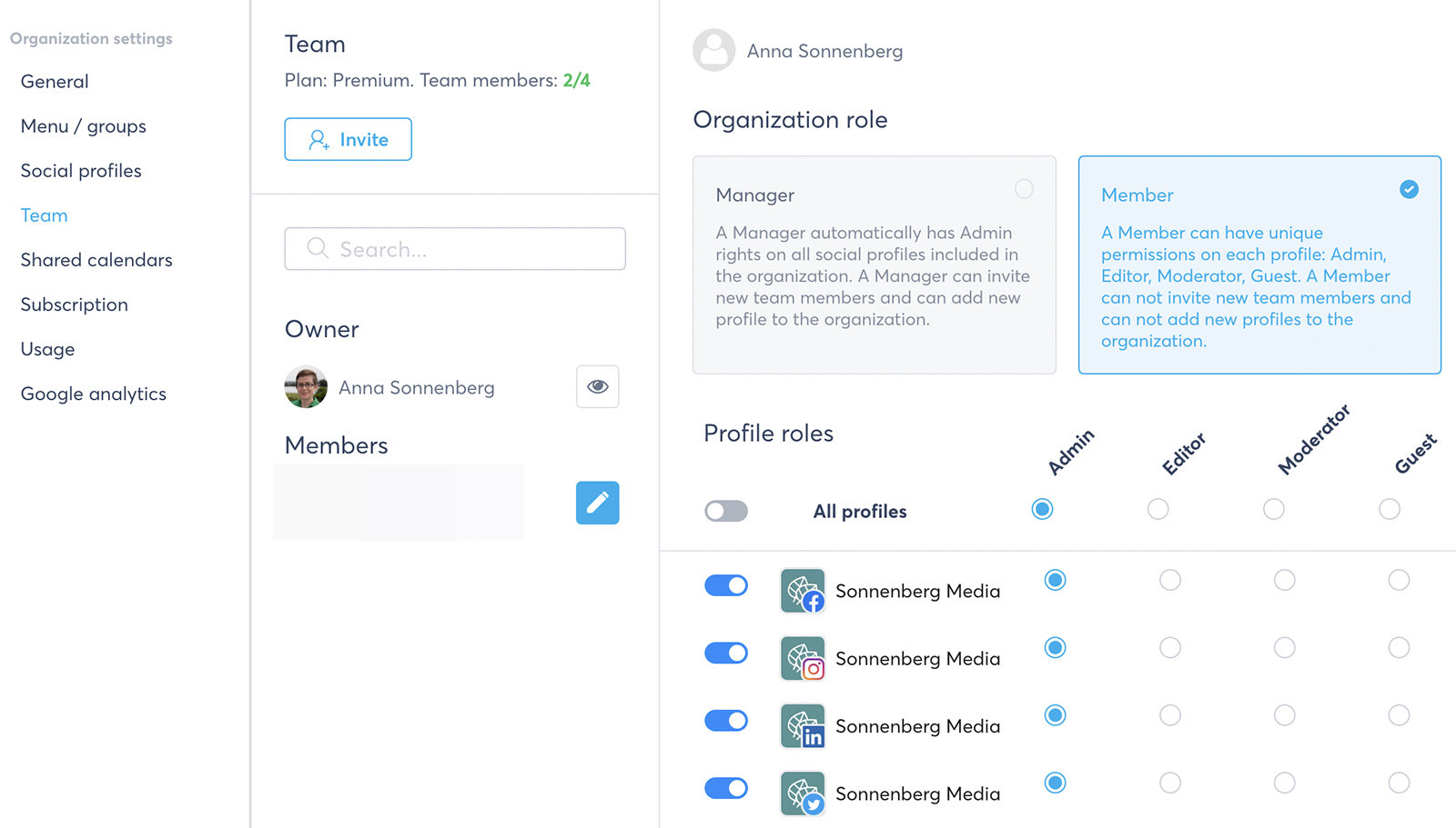 organization role in agorapulse social media management tool