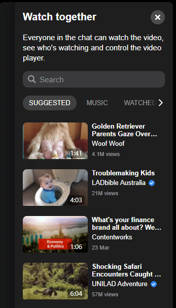 see suggestions for what to watch together in facebook room