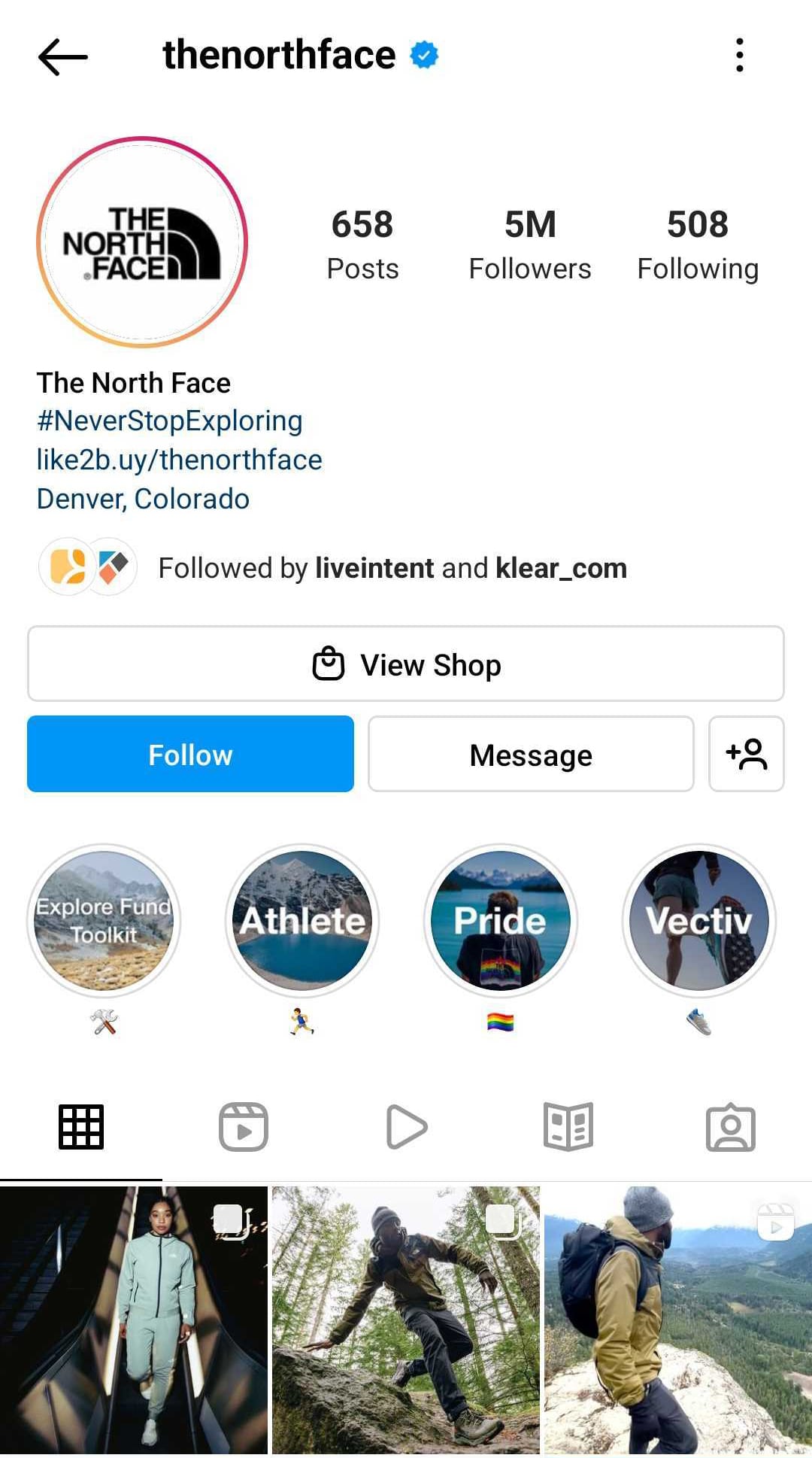the north face social media landing page