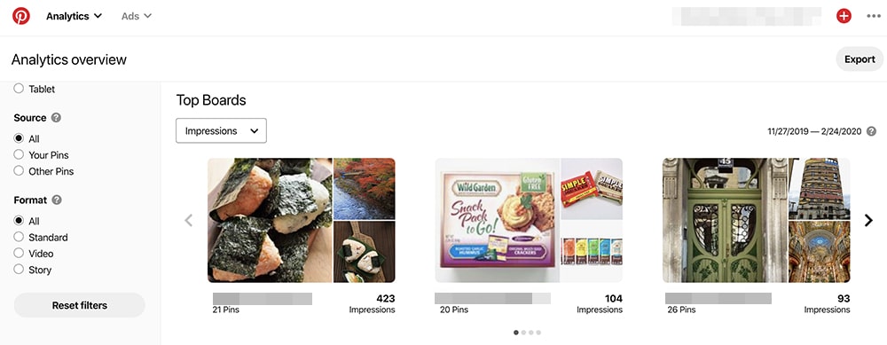 Pinterest Analytics - top boards