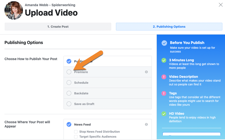 Create a Premier to schedule a pre-recorded video as a live video on Facebook