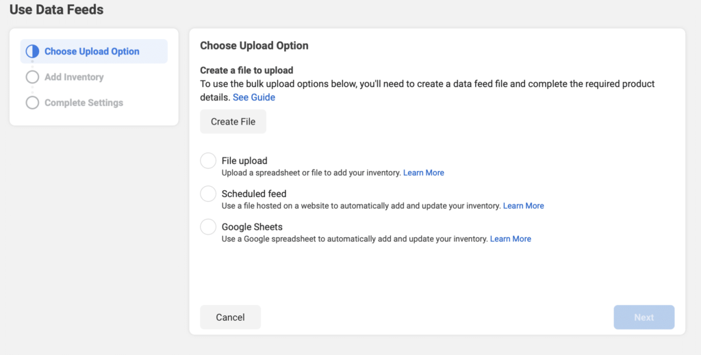 choose upload options for dynamic ads