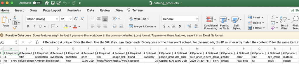 upload catalog and fields for dynamic ads