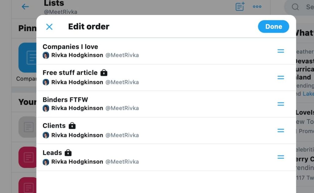 how to reorder pinned Twitter lists