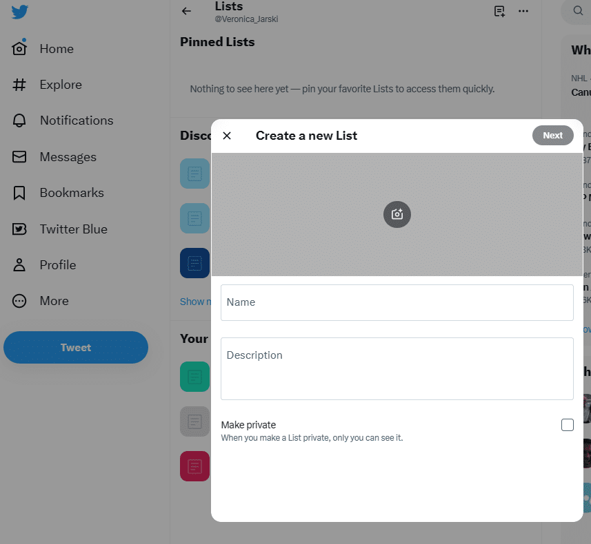 image of how to create al ist on twitter dropdown menu