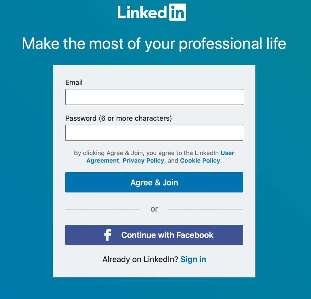 sign up for your linkedin account