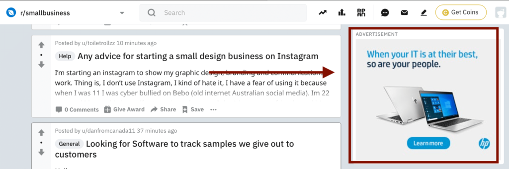 Example of right-hand sidebar of Reddit ads