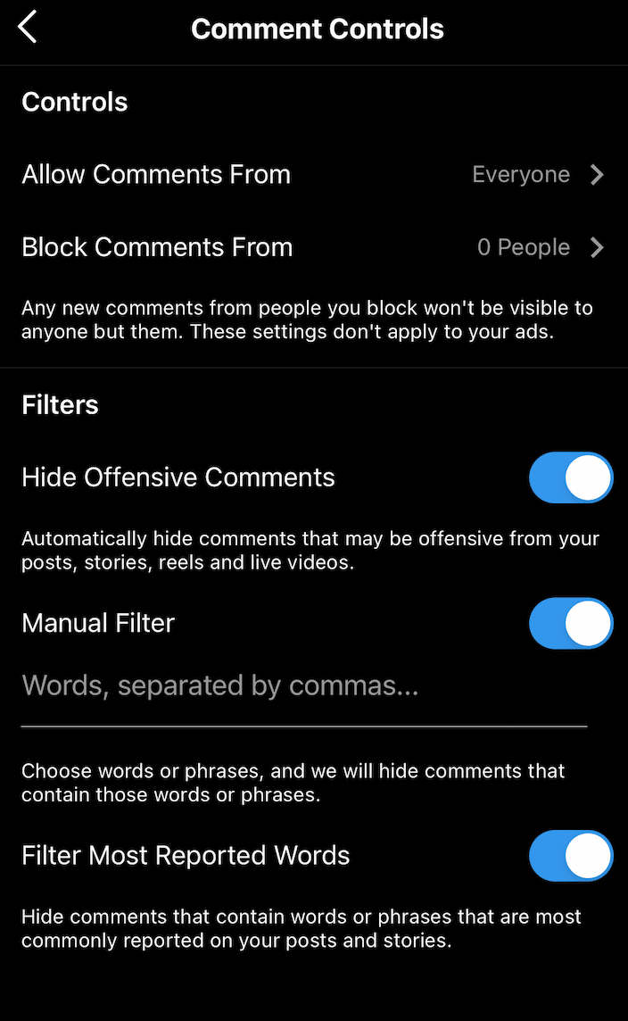 comment controls on instagram