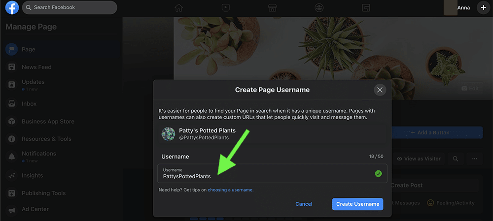create a Facebook Page username