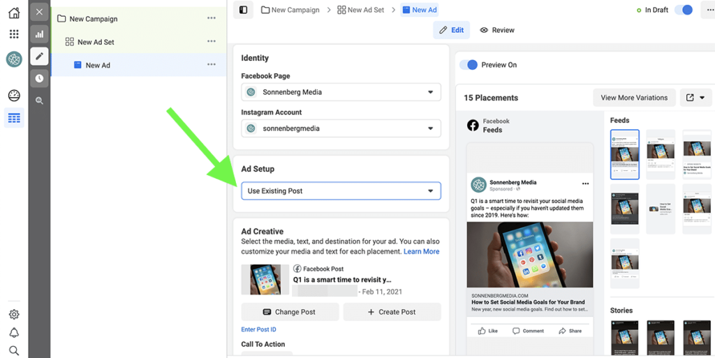Facebook Ads existing post