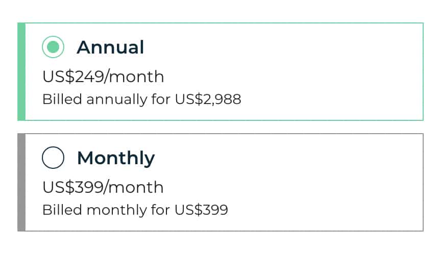 annual vs monthly pricing by team