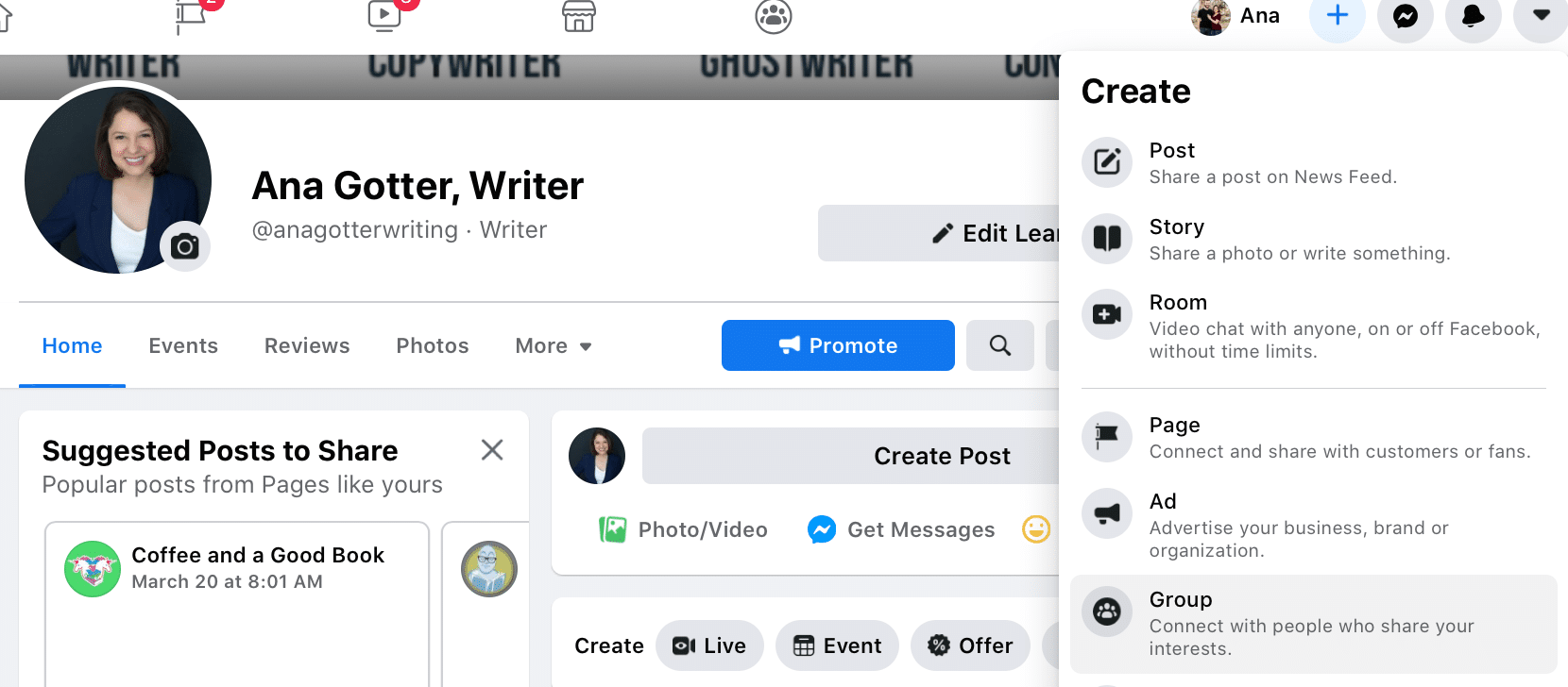 Click on the + next to your name on Facebook to create a Facebook group. 