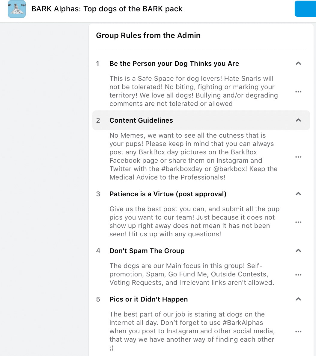 Bark Alphas Facebook group rules 