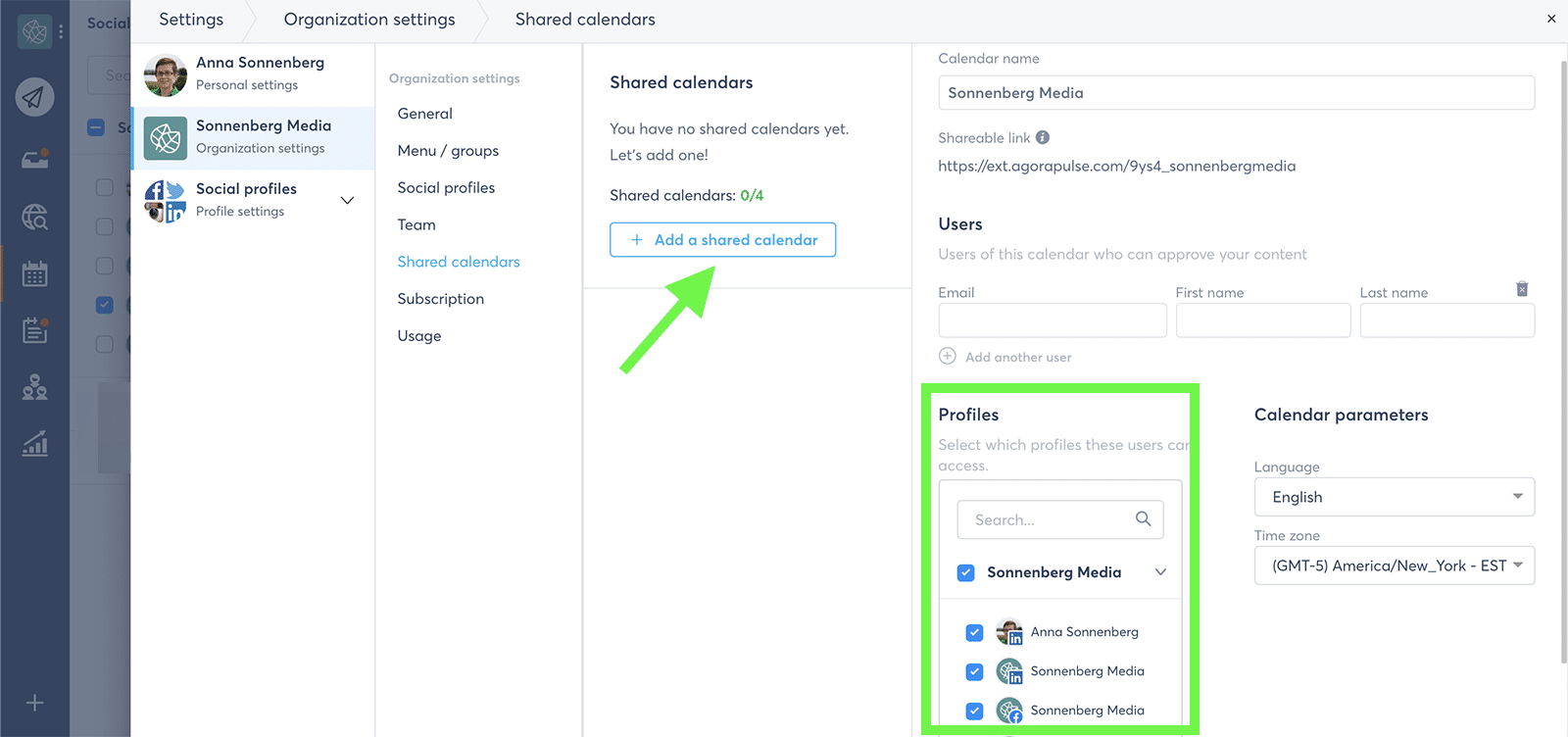 Agorapulse Shared Calendars for agency clients