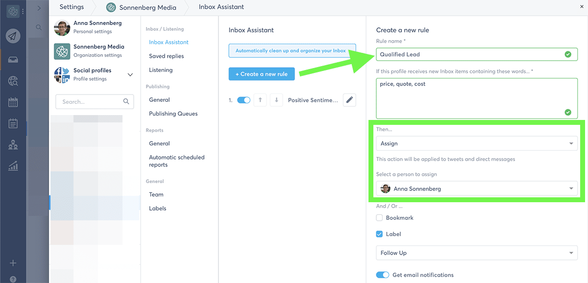 Social media campaign Agorapulse inbox assignments