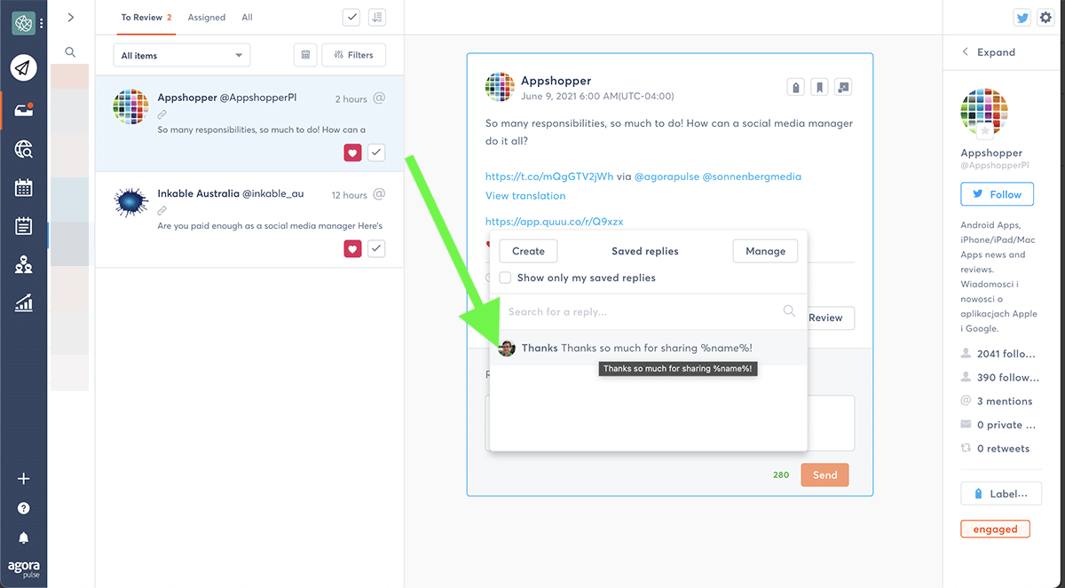 Social media campaign Agorapulse saved replies