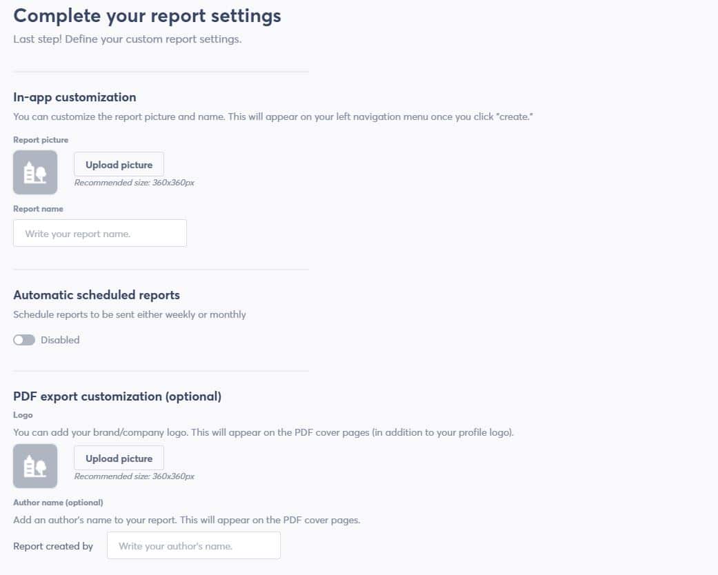 complete your social media reports setting screenshot
