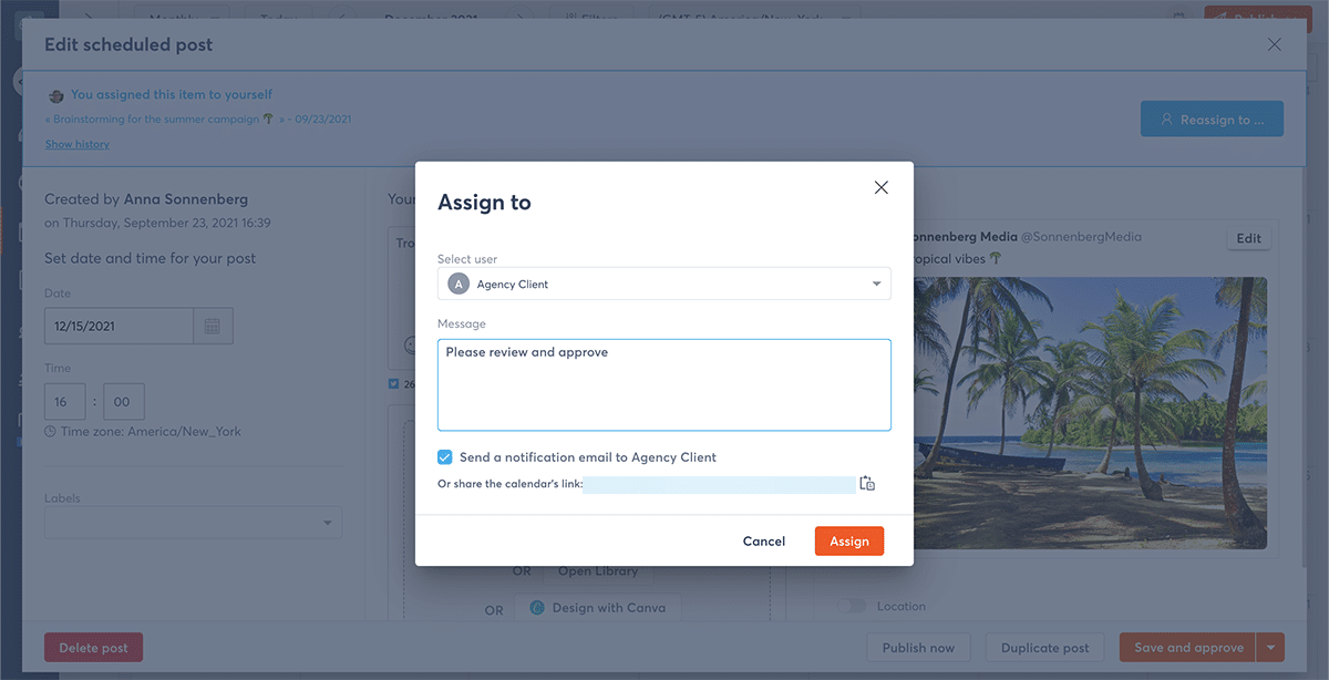Agorapulse - assign content for client approval
