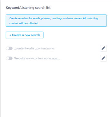 keyword and listening search list screenshot