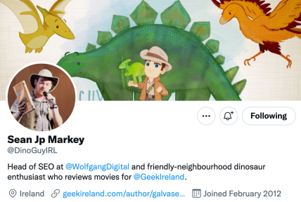 twitter bio including photos, graphics and copy that refer to dinosoaurs