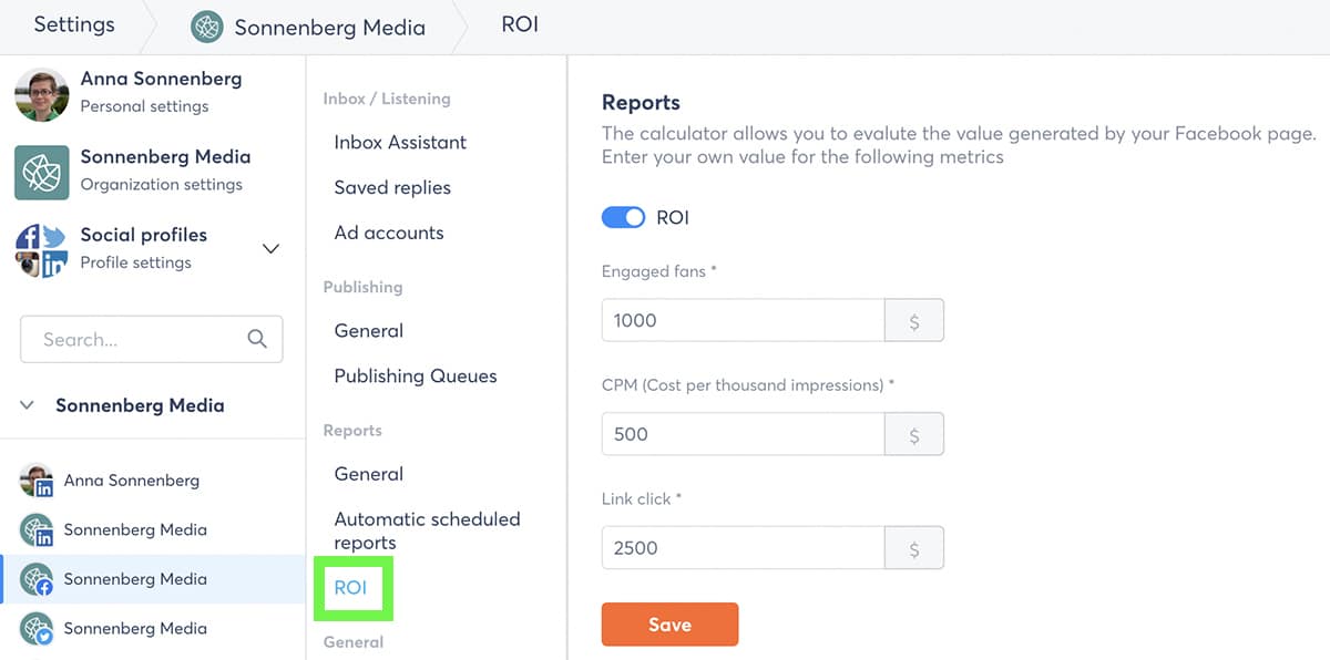 Agorapulse - ROI analytics settings