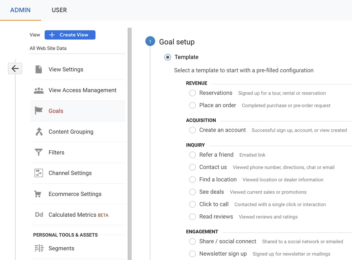 Google Analytics - goal setup 1