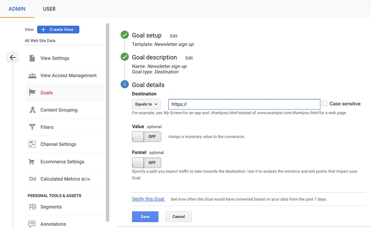 Google Analytics - goal setup 2