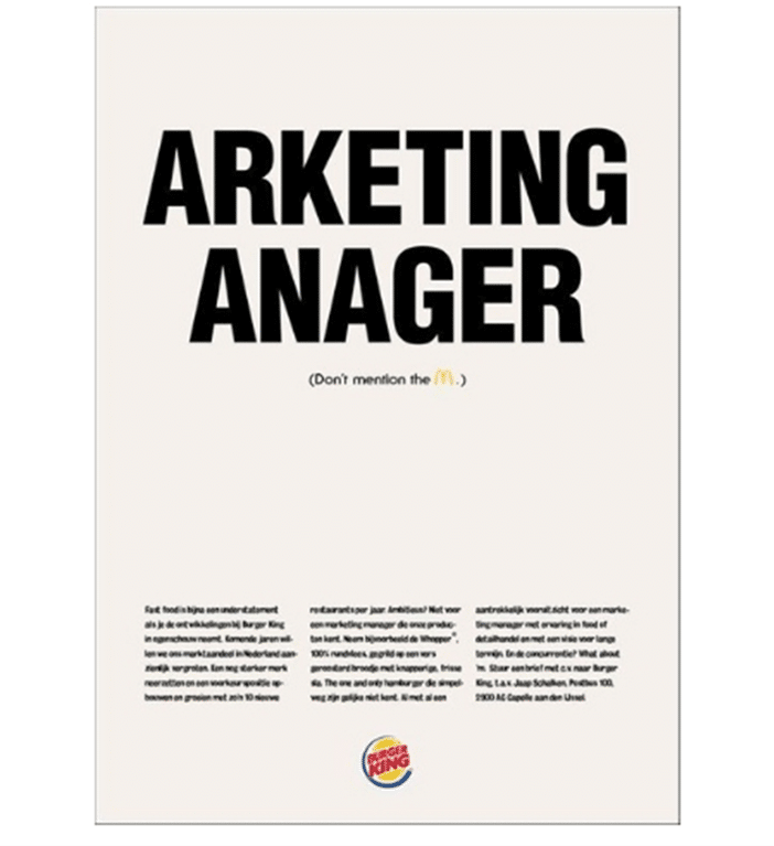 burger king advertisement with the words 'arketing anager'