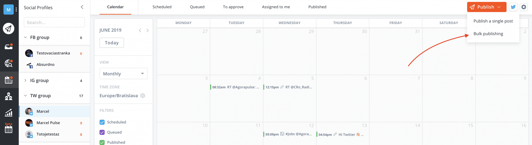 bulk scheduling in agorapulse