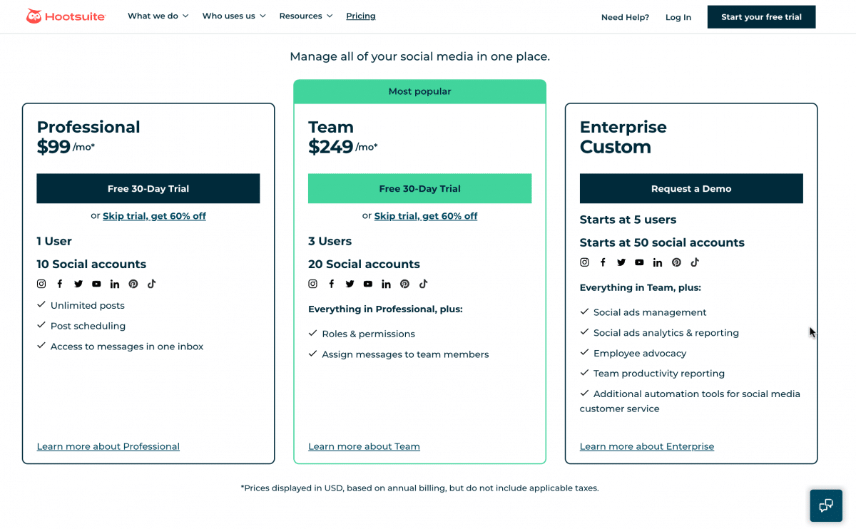 hootsuite pricing plan