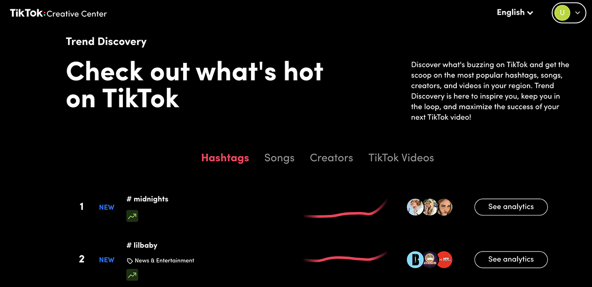 TikTok Creative Center - trending hashtags