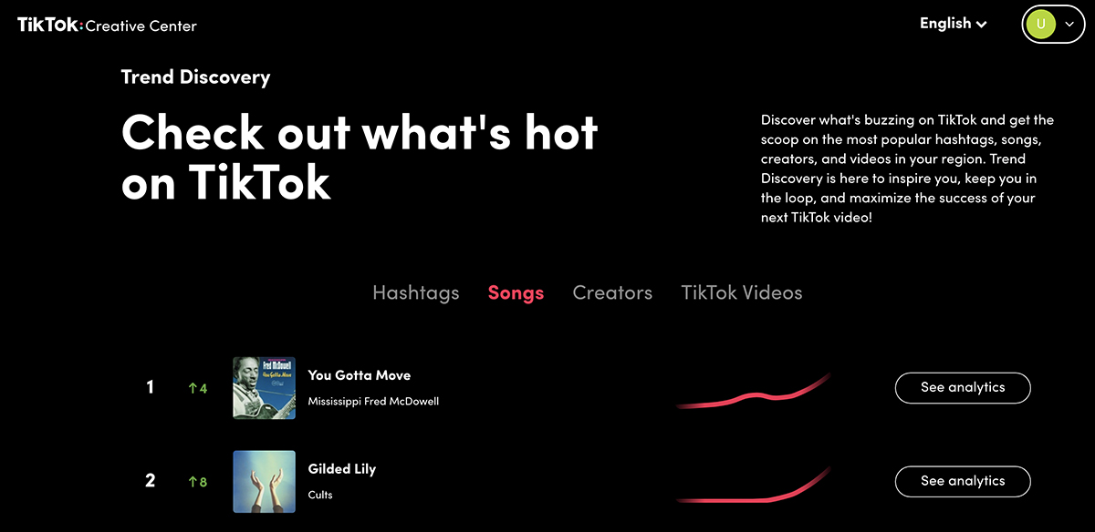TikTok Creative Center - trending songs
