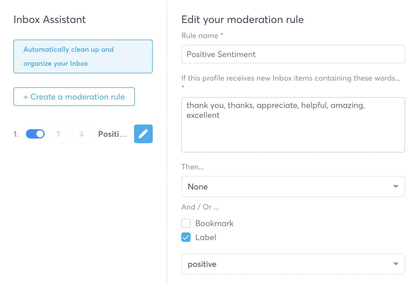 Agorapulse - inbox assistant moderation rule