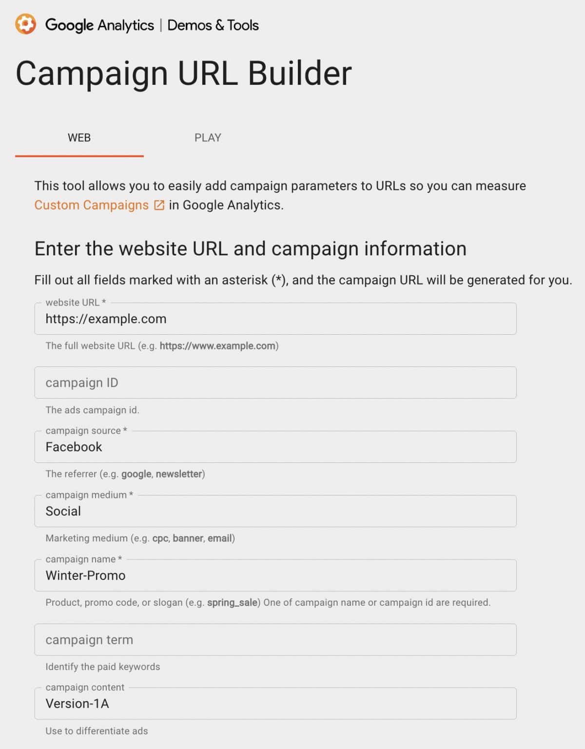 Google Analytics - Campaign URL Builder - Example