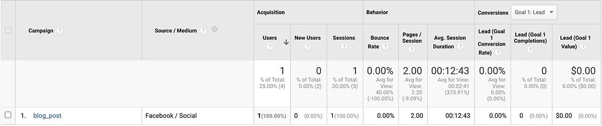 Google Analytics - campaign tracking results