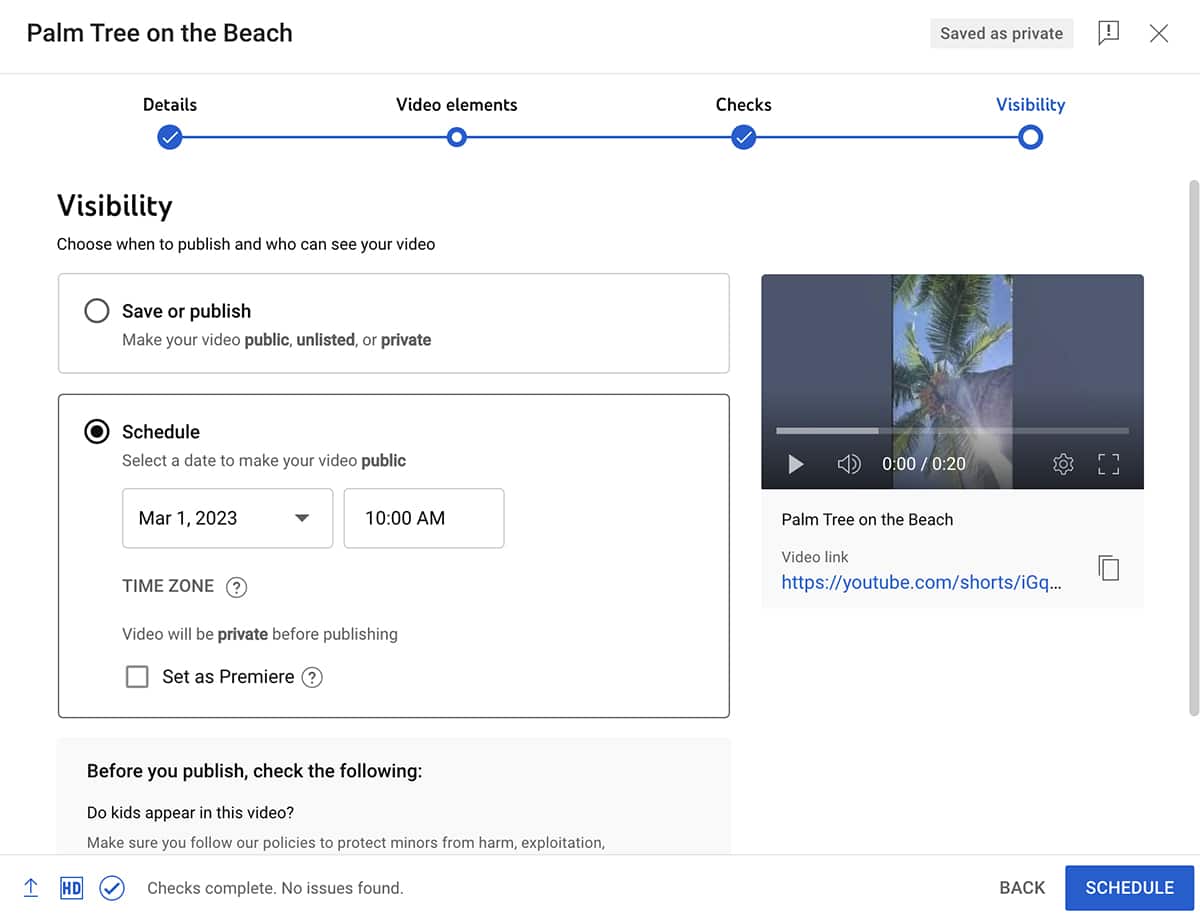 YouTube Studio - schedule YouTube Shorts